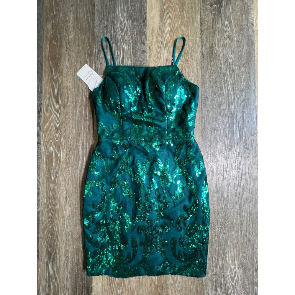 Elegant Dress Sequin Bodycon Mini Dress Women Size 2 Emerald Green Damask Formal